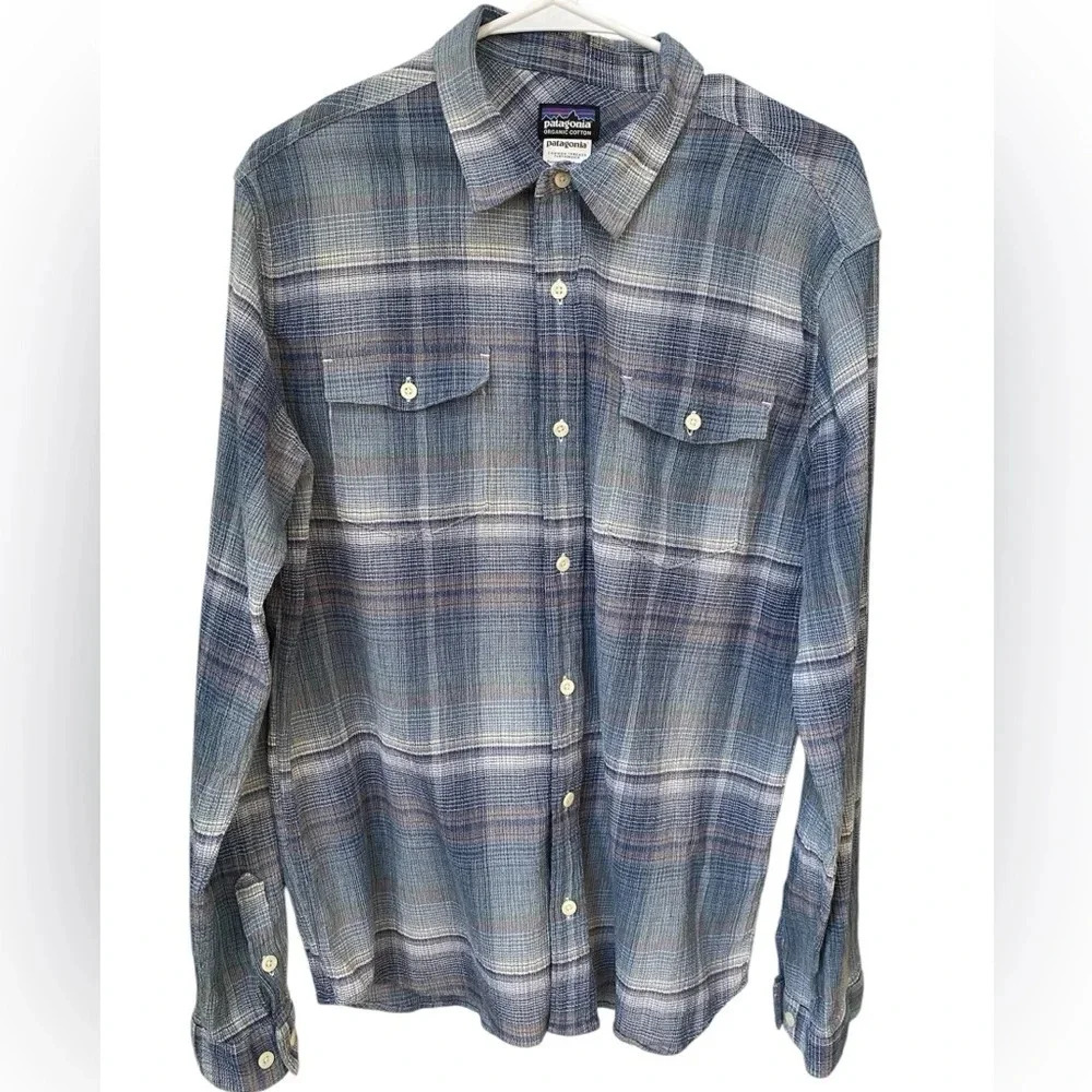 Patagonia Mens Shirt Size Large Blue Plaid A/C Steersman Tartan Outdoor